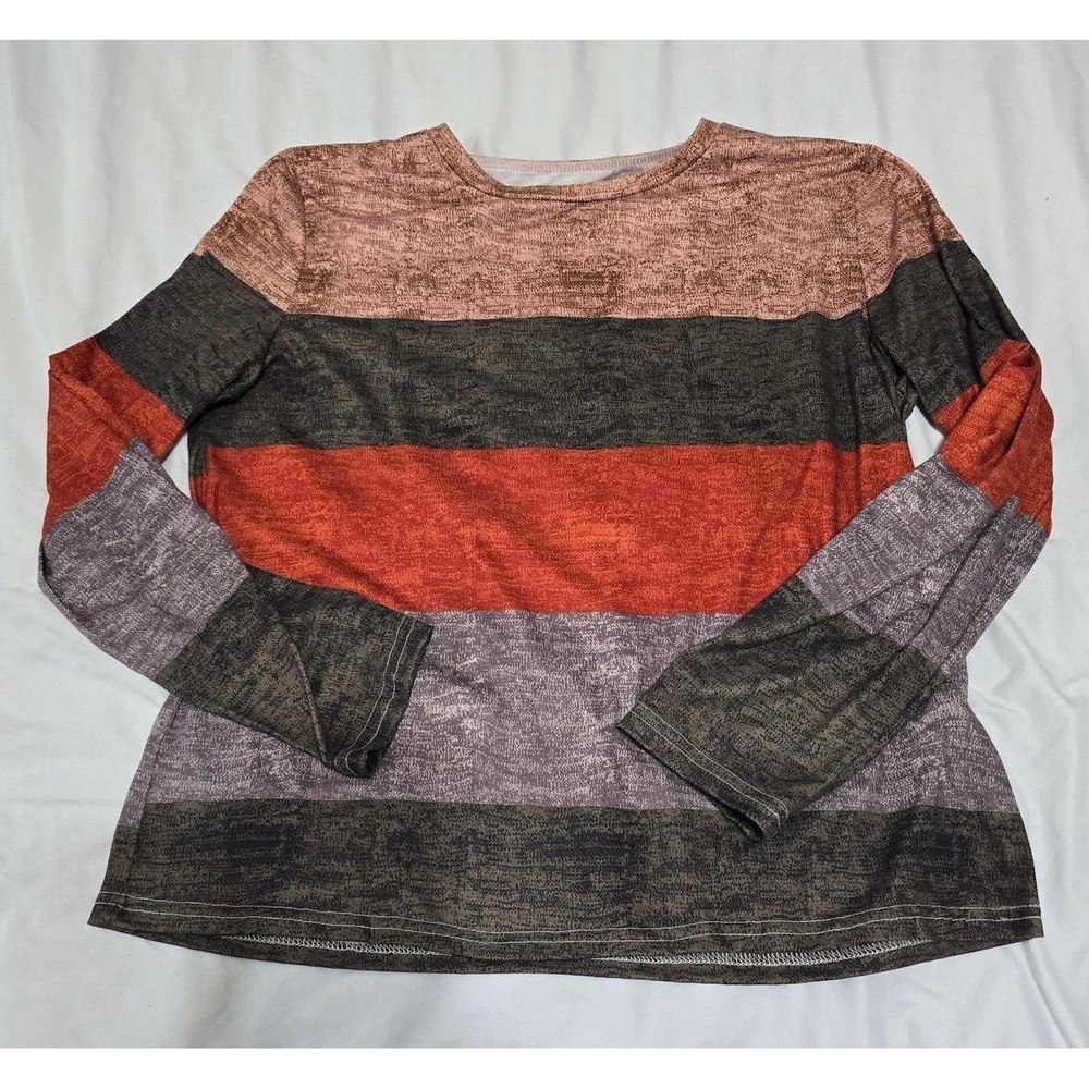 SHEIN Size Large Long Sleeve Striped Top – Earth Tones (Rust, Brown, Green)